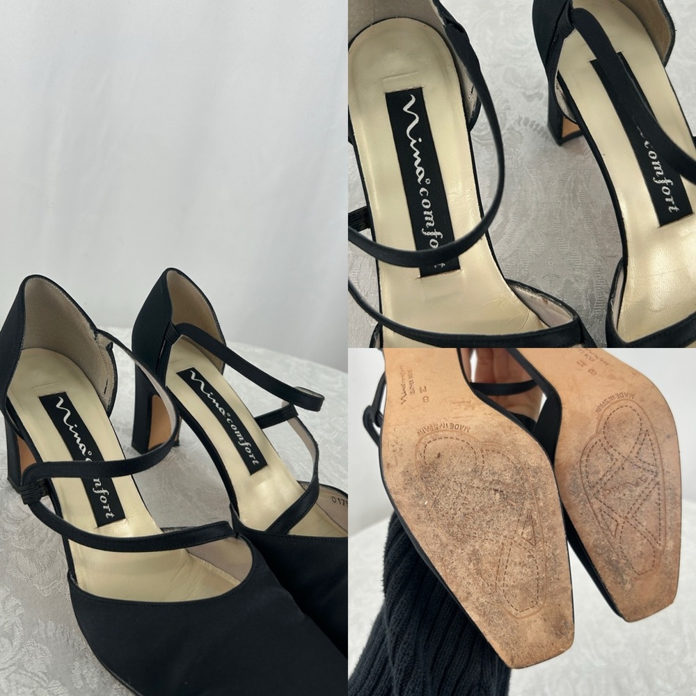 Vintage Mina Comfort Black Satin Heels Pumps with Straps - Picture 7 of 8